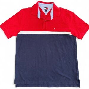 Vintage Tommy Hilfiger Mens Polo Shirt Red White Blue Colorblock Size L Y2K Prep